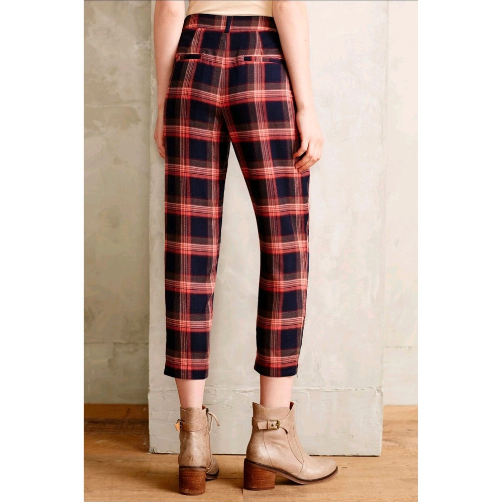 Cartonnier Anthropologie Plaid Ankle Zip Trousers Red Navy Size 2 Tapered Pants - Picture 3 of 16